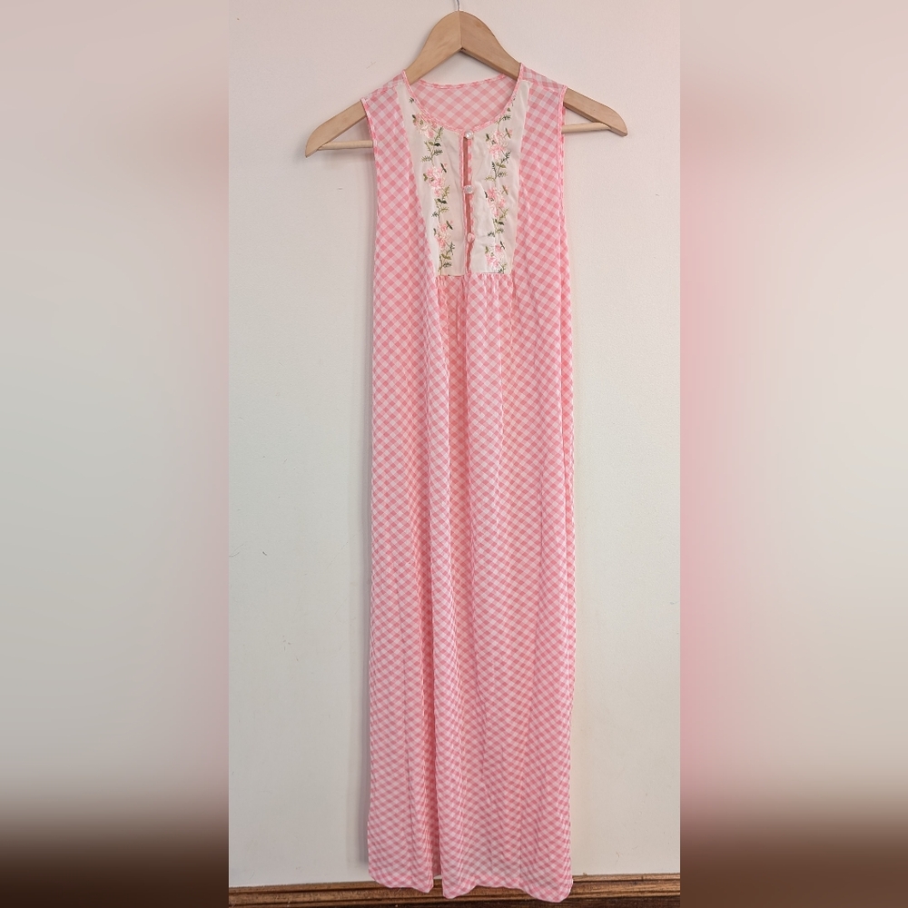Vintage 1950s? 1960s? Pink Gingham Embroidered Floral Sheer Dress Nightgown L